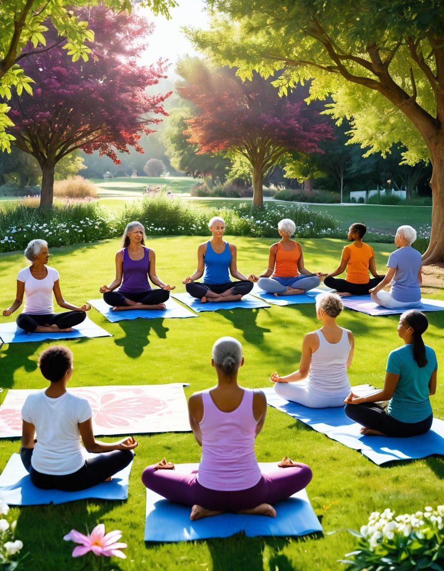 A serene, uplifting scene depicting a diverse group of cancer survivors and supporters engaging in various holistic activities, such as yoga, meditation, and sharing healthy meals in a sunlit park. Include symbols of hope like butterflies and blooming flowers surrounding them, showcasing a strong sense of community and resilience. Soft, warm colors to evoke a sense of empowerment and tranquility. painting. vibrant colors.