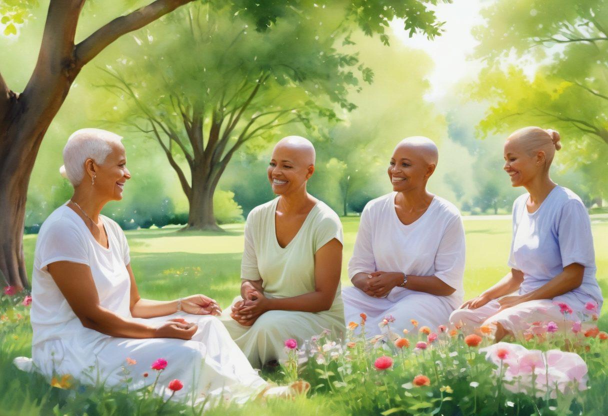 A serene and uplifting scene featuring a diverse group of cancer survivors sharing stories in a lush green park. Soft sunlight filters through trees, highlighting their smiles and supportive interactions. Include symbolic elements like healing herbs and vibrant flowers representing hope and recovery. Add a gentle breeze effect to convey a sense of tranquility and empowerment. watercolor style. warm colors. soft focus.