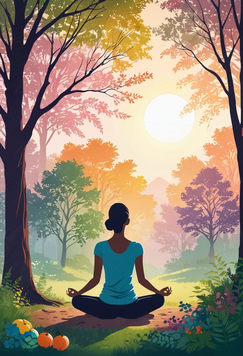 A serene scene depicting a holistic wellness approach in cancer care, showcasing a tranquil nature setting with symbols of prevention like healthy fruits and herbs, alongside a silhouette of a person meditating. In the background, images of strong survivors joyfully engaging in light exercise and community support are visible. Soft pastel colors to evoke calmness and hope, with gentle sunlight filtering through trees. vector art. vibrant colors.